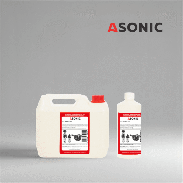 ASONIC AS-BIOX detergent in 1L, 5L, and 25L canisters for removing biological residues.