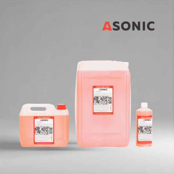 ASONIC AS-GEN general-purpose ultrasonic detergent in 1L, 5L, and 25L canisters.