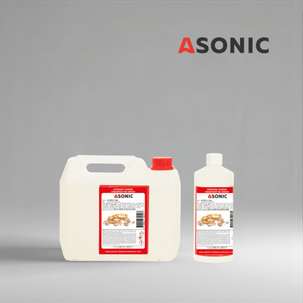 ASONIC AS-JEW detergent in 1L, 5L, and 25L canisters for ultrasonic jewelry cleaning.