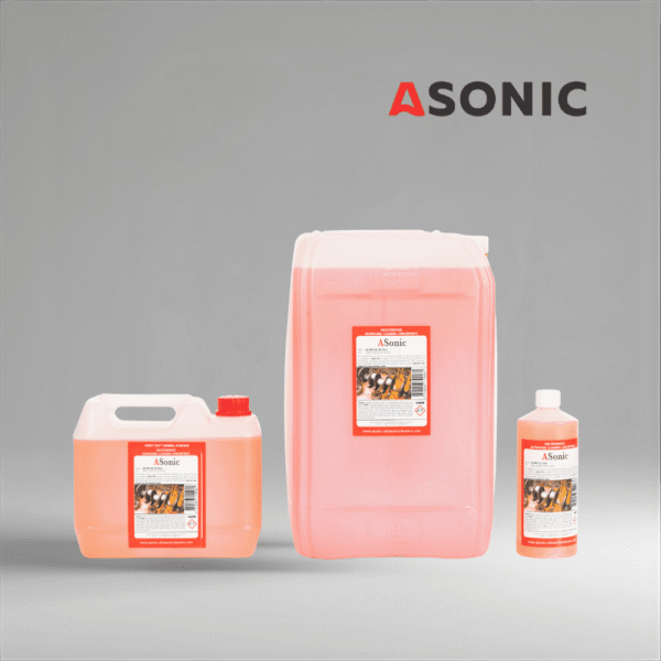ASONIC AS-MLP detergent in 1L, 5L, and 25L canisters for cleaning plastics and light metal parts.