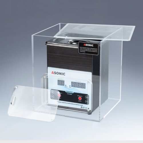 Otvorena tiha kutiјa prikazuјe 2L ASONIC ultrazvučni čistač unutra, dizaјniran da smanji buku tokom rada.