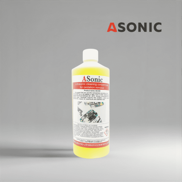 ASONIC AS-OXI-1 ultrasonic oxidation remover, 1L cleaning concentrate for safe oxide removal on jewelry and tools.