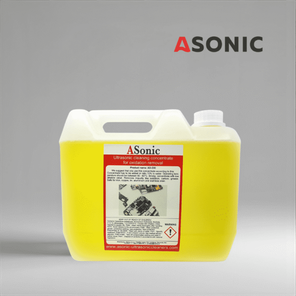 ASONIC AS-OXI-5 ultrasonic oxidation remover, 5L cleaning solution for metals, jewelry and tools with oxide layers.